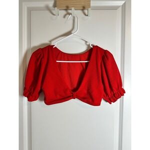 BCBGMAXAZRIA Red Puff Sleeve Cropped‎ Tie Front Top Blouse